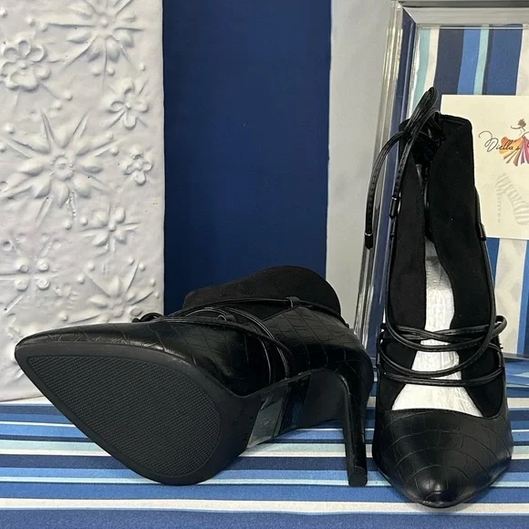 New black open croc animal print lace up high heel pointed pump boots - Picture 10 of 16